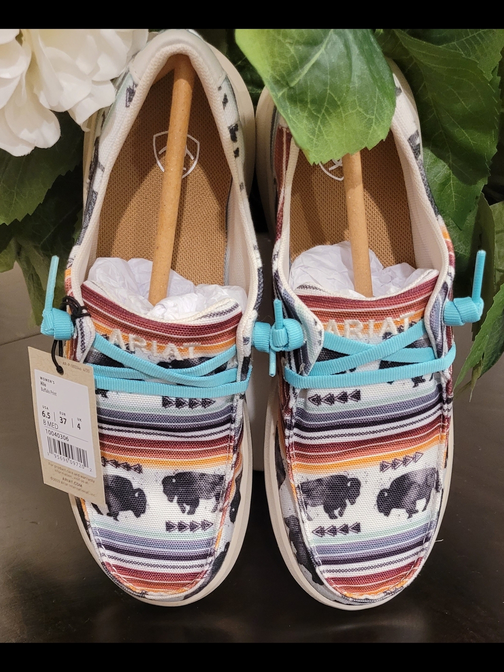 Ariat Women Multi-Color Striped Buffalo Slip-On Shoes with Turquoise Laces..